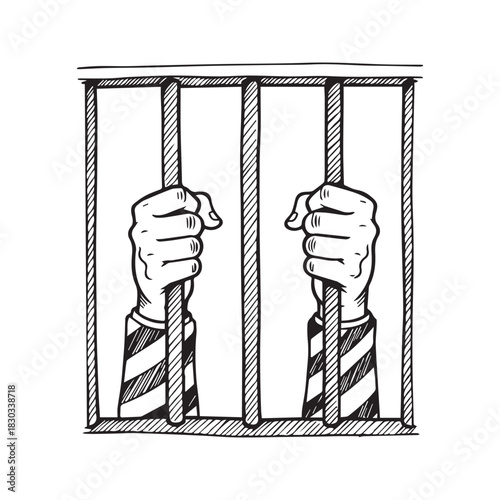 Hands Holding Prison Bars Sketch Icon Vector Illustration of Incarceration or Jail Concept Isolated on White Background
