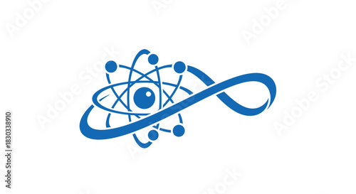 Blue atom with eye and infinity symbol on white background.