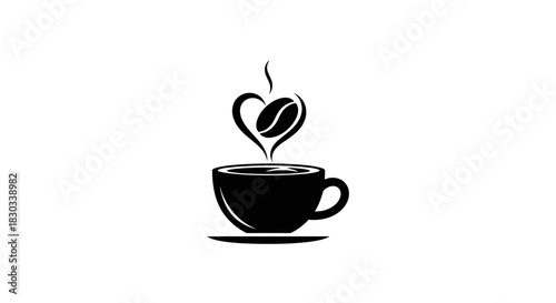 Coffee cup with heart-shaped steam and coffee bean, black and white logo design.