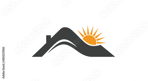 Logo of a house roof with a sun rising behind it, symbolizing home and warmth.