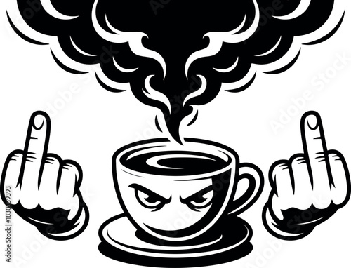 Angry coffee cup with steam and middle fingers raised face