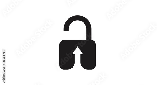 Black and white graphic of an unlocked padlock with an arrow pointing up.