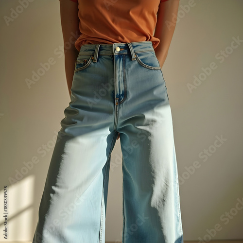 Vintage faded high-waist wide-leg jeans with long silhouette, soft retro mood.