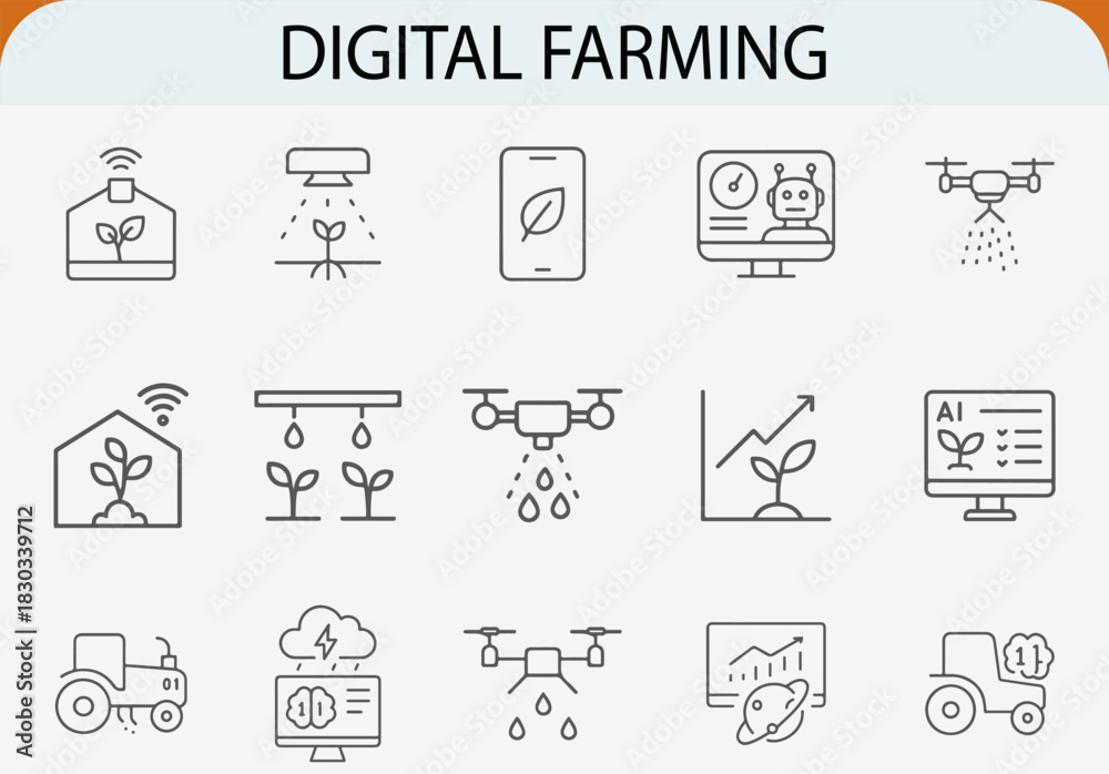 Fototapeta premium digital smart farming line icon set, modern agriculture precision vector