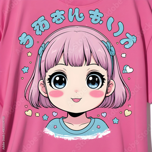 Pastel pink and blue anime girl with stars, hearts, playful expression.