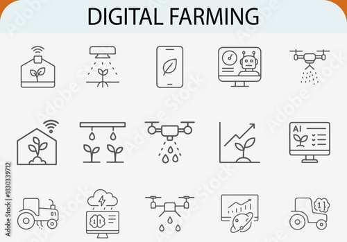 digital smart farming line icon set, modern agriculture precision vector