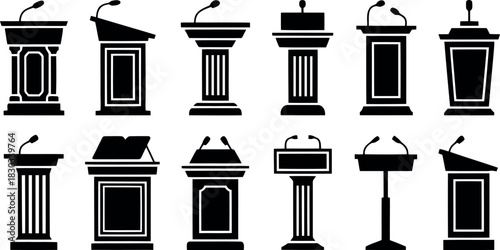 Collection of black podiums and lecterns with microphones speech presentation