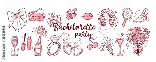 Vector wedding illustration in doodle style with bachelorette party cocktail, ring and lipstick. Bachelorette doodle design for invitation, festive poster, pink drink art or elegant celebration print.