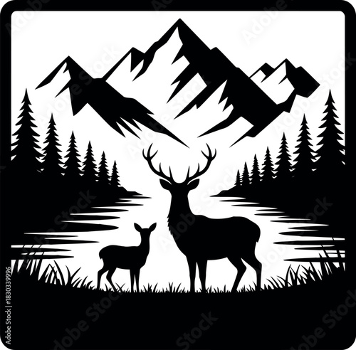 Stag and fawn silhouette in mountain landscape with trees and water deer