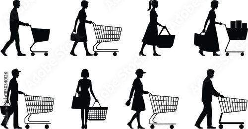 Shopping People Silhouettes – Men & Women with Carts and Baskets, Retail/Grocery Vector Set.