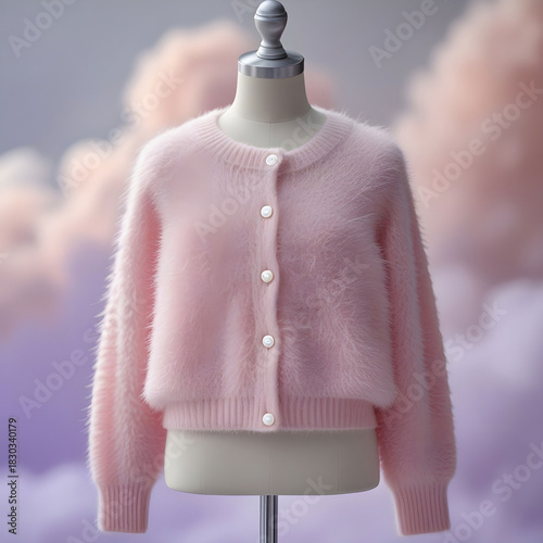 Baby pink Korean cardigan with round neck, cute buttons, soft fluffy texture.