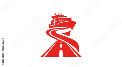Red logo of a cargo ship on a road, symbolizing transportation.