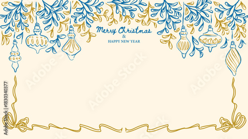 Christmas background with xmas decoration ornament,  whimsical drawing Happy Holiday. Christmas frame, banner, card vector illustration, Can be used for Christmas gifts, decorations etc