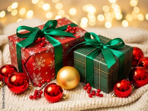 Merry Christmas Happy Holidays Card, New Year Banner Frame, Christmas Ornaments Gifts Presents, Light Beige Top View Festive Theme