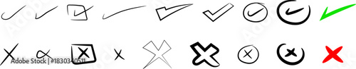 Hand-drawn check marks and cross symbols set in ink for vector design use