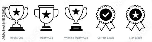 A set of 5 business icon as trophy cup, winning trophy cup, correct badge