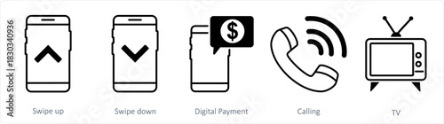A set of 5 business icon as swipe up, swipe down, digital payment