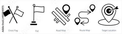 A set of 5 business icon as cross flag, flag, road map, route map