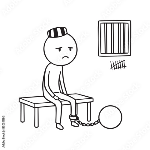 Stickman Prisoner Sitting in Jail Cell with Ball and Chain and Tally Marks on Wall Sketch Vector Illustration

