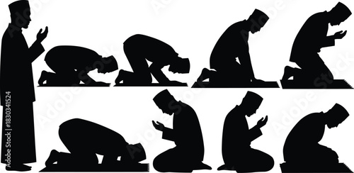 Silhouette illustration of Muslim man performing Islamic prayer steps, salah positions, worship sequence, Islamic spirituality, faith, devotion and religious practice