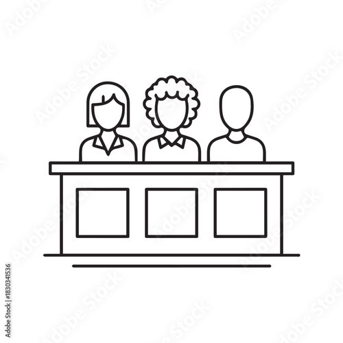 Jury Panel Icon Vector Illustration of Three Jurors in Courtroom Line Art Design Isolated on White Background
