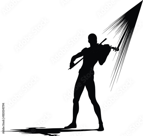 Silhouette musician playing violin with dynamic energy, artistic dramatic lighting, powerful expressive movement, creative music concept, performance art scene, emotional musical intensity