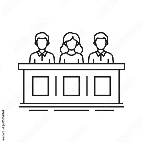 Jury Panel Icon Vector Illustration of Three Jurors in Courtroom Line Art Design Isolated on White Background
