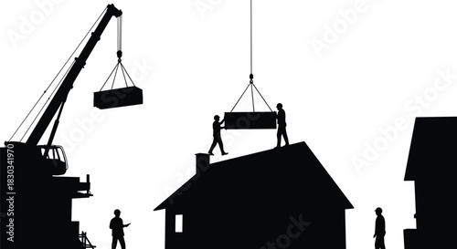 Silhouette of construction workers using crane to lift materials onto building roof, teamwork and heavy equipment in house construction site