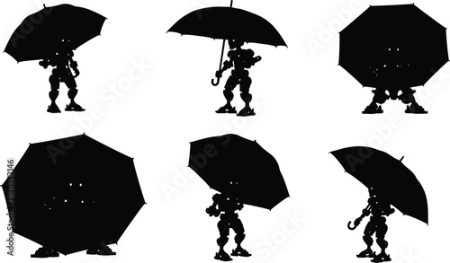 Silhouette of futuristic robot holding umbrella, artificial intelligence protection concept, technology illustration showing humanoid robot under rain with modern umbrella design