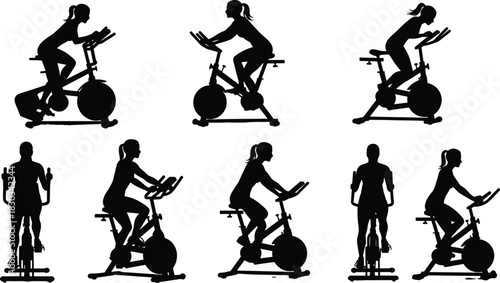 Silhouette of men and women exercising on stationary bikes and elliptical machines, indoor fitness training, workout, healthy lifestyle illustration
