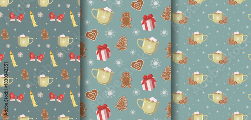 Set of three Christmas wrapping paper patterns on teal left mittens, candles, mugs, cookies, snowflakes center gingerbread mix, mugs, striped gifts right mugs, heart tree cookies, snowflakes. Festive 