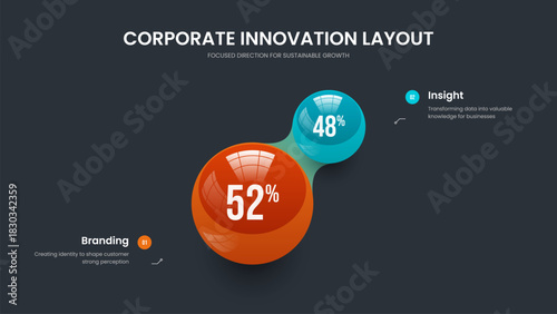 Clean Solution 2 Option Graph Slide Template. Educational Campaign Two Step Infographic Frame Layout. Professional Visualization Slideshow Design Vector Illustration.