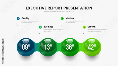 Consulting Launch Slide Design Vector Illustration. Investor Introduction 4 Step Chart Slideshow Layout. Science Showcase Four Element Infographic Presentation Template.