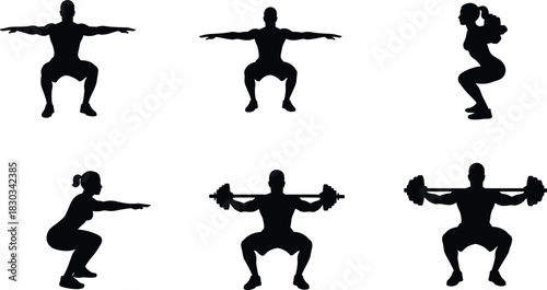 Silhouette of men and women performing squats and barbell exercises, strength training, fitness workout, gym bodybuilding, healthy lifestyle, and physical activity.