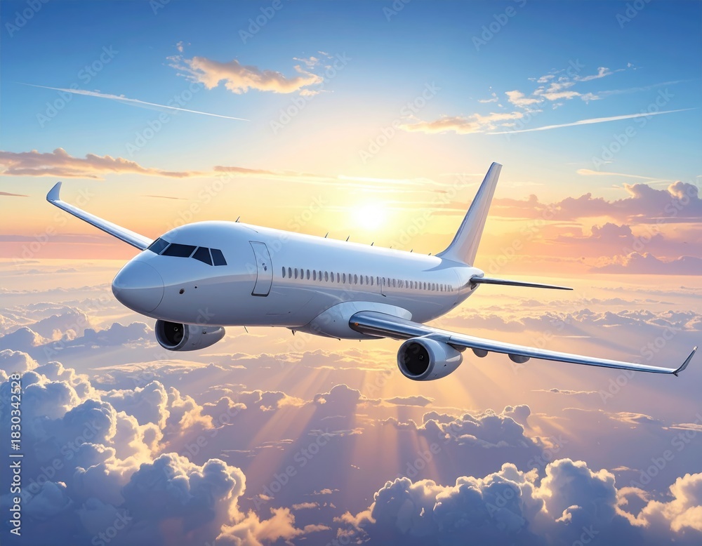 Fototapeta premium Airplane soars over clouds, bathed in sunny rays