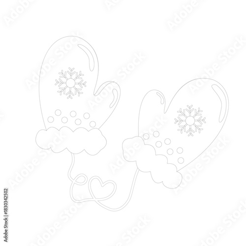 Two winter mittens connected by a string forming a heart shape. Each mitten features a snowflake and dotted detail. Fluffy cuffs and monochrome line art evoke warmth and seasonal charm