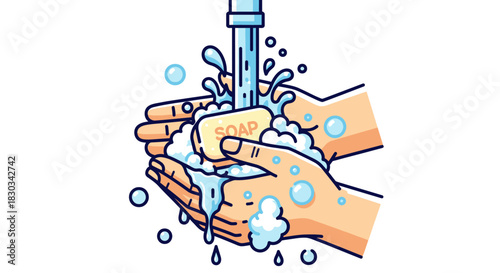 An illustration of a person washing their hands with a bar of soap and water from a faucet to maintain hygiene.