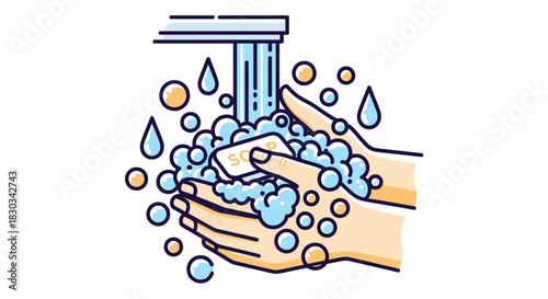 Illustration of hands washing with soap and water under a faucet, creating many bubbles and droplets.