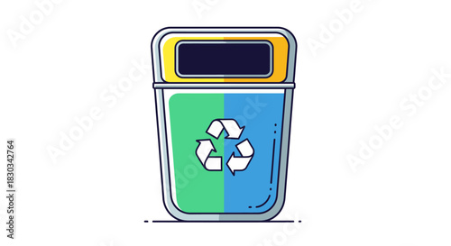 Cartoon illustration of a dual-compartment recycling bin with a universal recycling symbol on a white background.