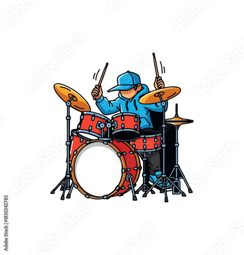 Cartoon drummer playing drums with drumsticks and wearing a blue cap.