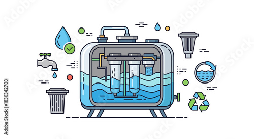 Detailed illustration of a water purification and filtration system with various related elements like a faucet, clean water, and recycling symbols.