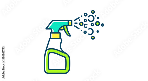 Illustration of a green and white spray bottle dispensing liquid, with bubbles.
