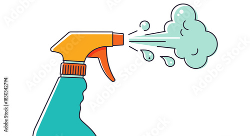 Close-up illustration of a spray bottle dispensing a mist of cleaning solution.