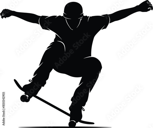 Silhouette of skateboarder performing trick jump outdoors, extreme sport action pose, skateboarding stunt illustration for fitness lifestyle, competition, youth culture design.
