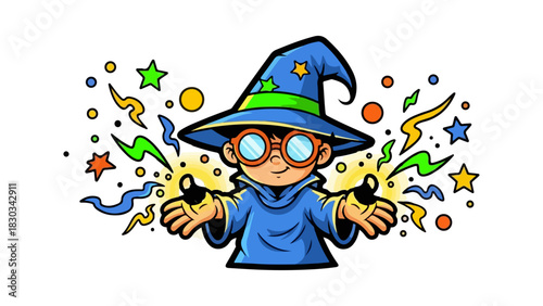 Cartoon Wizard Boy Casting Spells with Magic Wand and Stars.