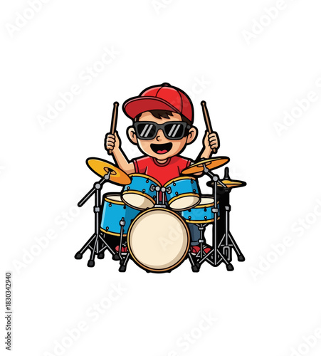 Young boy playing drums with sunglasses and a red cap.