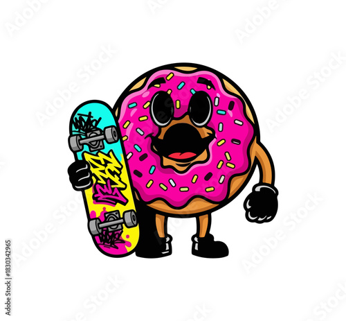 Cartoon Donut Character with Skateboard, Pink Frosting, and Sprinkles.