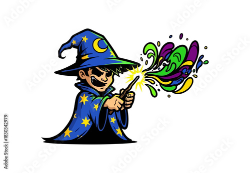 Cartoon Wizard Casting a Spell with Wand and Colorful Magic.