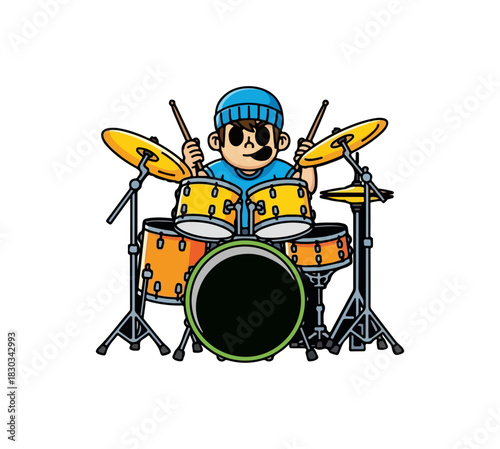 Cartoon Drummer Boy Playing Drums with Enthusiasm and Skill.