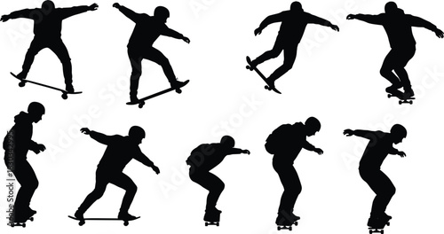 Silhouette of skateboarders performing tricks and jumps, street skateboarding action, urban sport lifestyle, balance, motion, extreme sports concept illustration